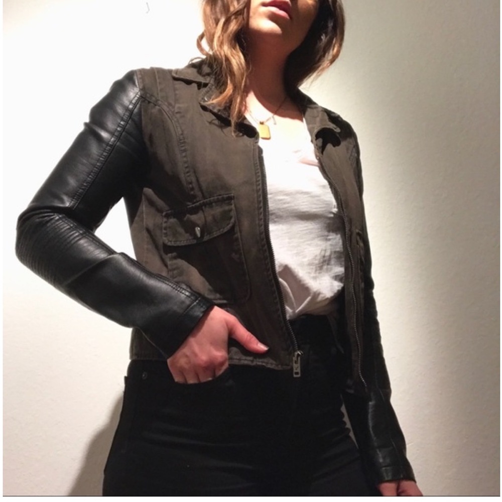 Olive Green and Black Mixed-Media Women's Jacket